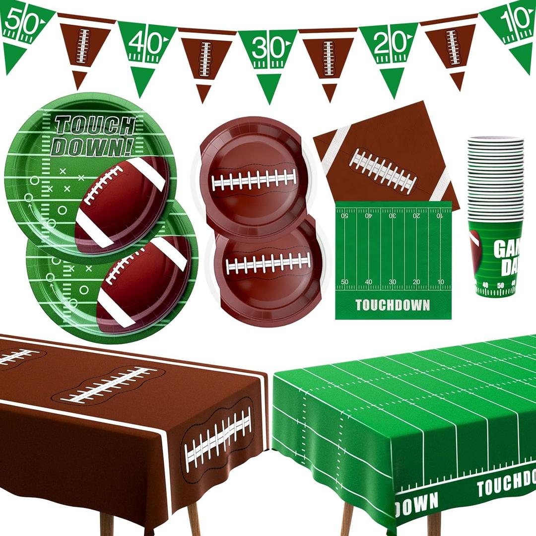 Football Party Decorations Kit for 24 Guests - 99Pcs Tableware with Dinner Plates, Dessert Plates, Cups, Napkins, Tablecloth & Banner, Supplies and Favors for Birthday, Tailgate, Game Day (Football)