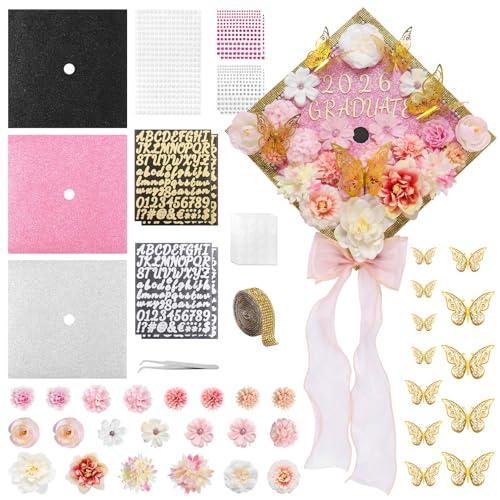 Harsever 48Pcs Graduation Cap Decorations DIY Kit,Grad Cap Decorations Decor with Faux Flower 3D Butterfly Rhinestones Alphabet Letter Stickers for DIY Graduation Party Supplies (Pink)