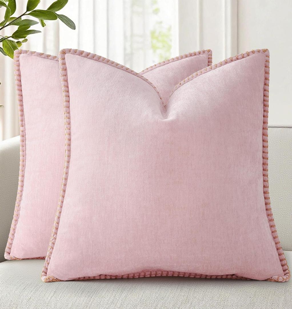 decorUhome Summer Chenille Soft Cozy Throw Pillow Covers 24x24 Set of 2, Modern Farmhouse Boho Velvet Decorative Euro Sham Pillow Cases with Stitched Edge for Couch Sofa Bed Home Decor, Blush Pink