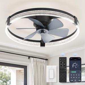 ZMISHIBO Low Profile Ceiling Fans with Lights, Flush Mount Modern Ceiling Fan and Remote Control, 23" LED Ceiling Fans, Stepless Dimmable 3 Colors and 6 Speeds (Black)