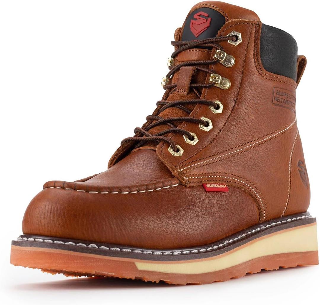 SUREWAY 6 Mens Heavy Duty Steel/Composite/Soft Toe Work Boots for Men, Comfortable & Durable, Goodyear Welt, Full Grain Leather, Oil/Slip Resistant, Wedge Moc Toe Industrial Construction Boots/Shoes (10.5, Soft Toe Lt Brown)
