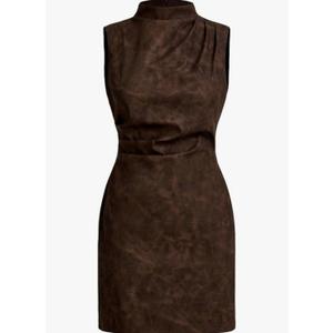 Women's PU Leather Ruched Bodycon Dresses Mock Neck Sleeveless Zipper Mini Tank Dress Large