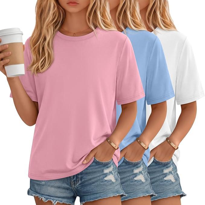 3 Pack Girls' Shirts Short Sleeve Oversized Tops  Crew Neck Loose T Shirts Teen Soft Basic Tee Kids Clothes  13-14Y