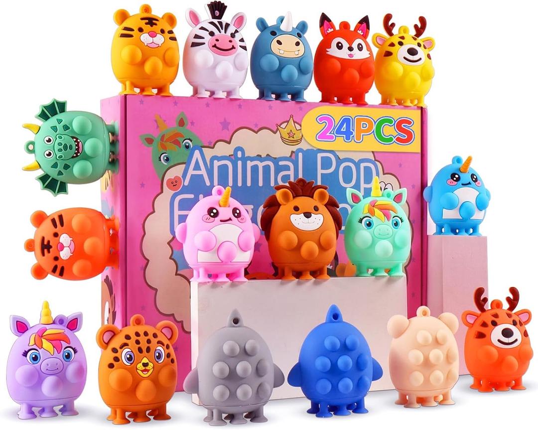 24 PCS Party Favors for Kids, Silicone Animal Pop Fidget Toys with Suction, Birthday Gifts for Boy Girls, Treasure Box Toys, Goodie Bag Stuffers, Prizes for Kids, Pinata Stuffers