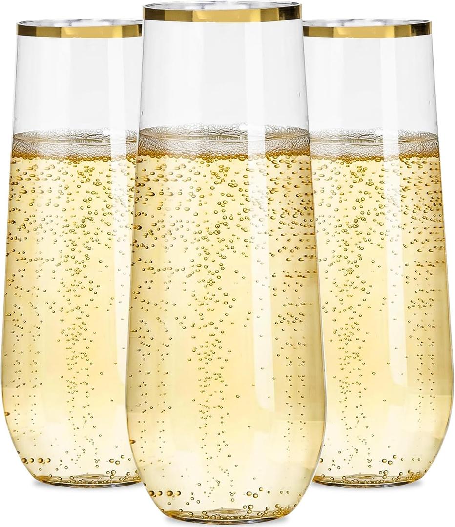 Ciaell 24 Pack Gold Plastic Champagne Flutes - 9 Oz Disposable Champagne Glasses - Stemless Mimosa Glass for Parties & Weddings & Birthdays