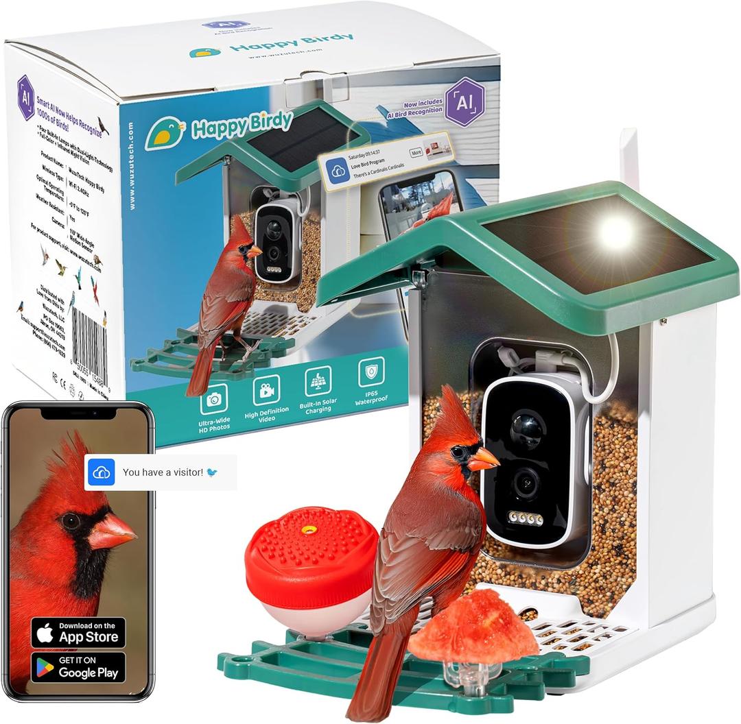 Happy Birdy Smart Bird Feeder with Camera - 2.5K HD Video, Wild Bird Feeder with Wall Mount & Pole Strap Kit, Free AI App IDs 10K+ Birds, Solar Power Panels, Infrared Night Vision, Weatherproof IP67