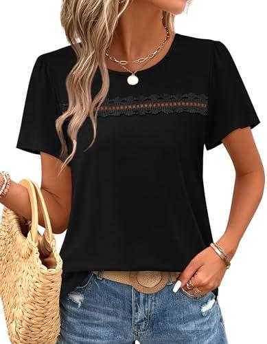 Womens Tops Trendy Boho Black Blouses for Women Dressy Casual Short Sleeve Shirts for Women Summer Outfits 2026 Beach Vacation Clothes with Lace Cute Travel XL