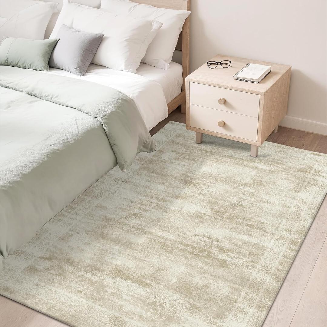 Vintage Pattern 3x5 Area Rug for Living Room, Bedroom, Low Pile Washable Decorative Rug, Soft Durable Non-Slip Carpet for Entryway, Bedside, Dorm, Home Office, Under Coffee Table, Beige