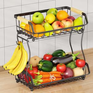 2 Tier Fruit Basket with 2 Banana Hangers, Detachable Countertop Fruit Bowls for Kitchen Counter, Metal Wire Fruit Vegetable Storage Holder Stand with Wooden Handles for Bread, Snacks, Veggies