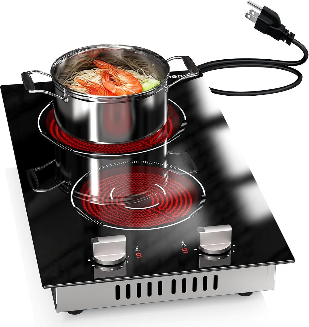 2 Burners Electric Cooktop 2000W, Plug in Electric Stove Top110v, Countertop & Built-in Cook top 12 Inch, 2 Burner Cooktop Knob Control, 9 Power Levels, Grey knob, Karienvir, 12 Inch 2 Burner Grey Konb