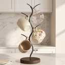 Coffee Mug Tree Holder, Coffee Mug Rack Storage for Countertop, Cup Stand Leaf Shaped Iron Metal + Wooden Base Mugs Holders, Coffee Counter Tea Bar Decor Display Accessory & Kitchen Organizer