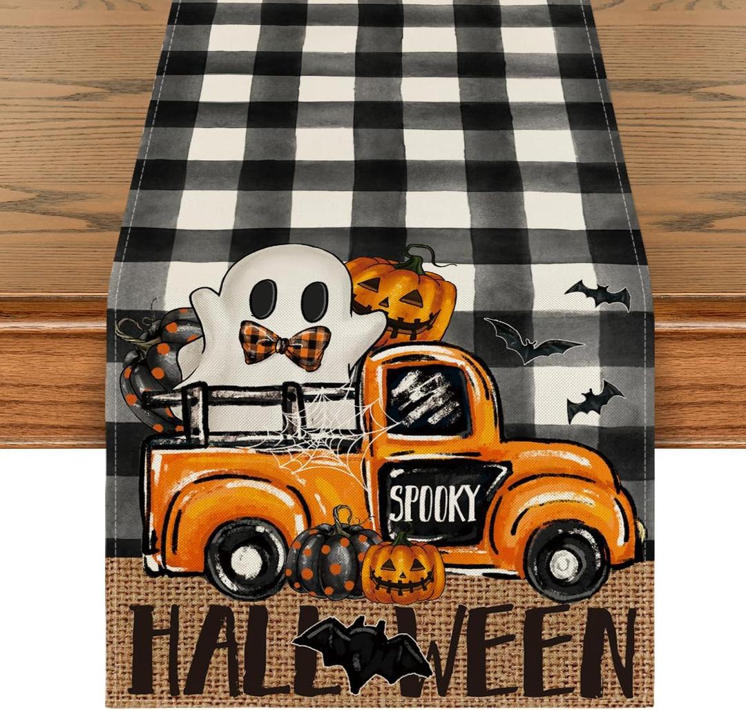 Artoid Mode Buffalo Plaid Bat Pumpkin Ghost Truck Spooky Halloween Table Runner, Sensonal Kitchen Dining Table Decoration for Home Party Decor 13x36 Inch (Black/Beige)