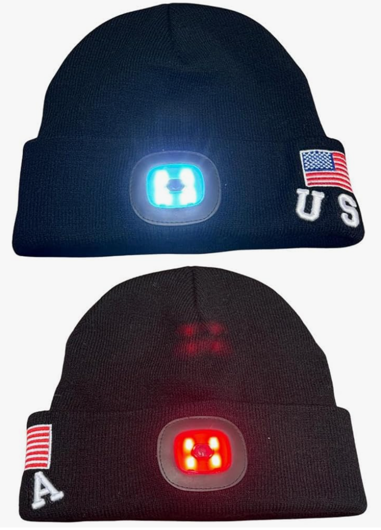 LED Beanie Hat with Rechargeable Headlight & Rear Red Light, 3 Modes, USB Charging, Warm Winter Cap with USA Logo, Black