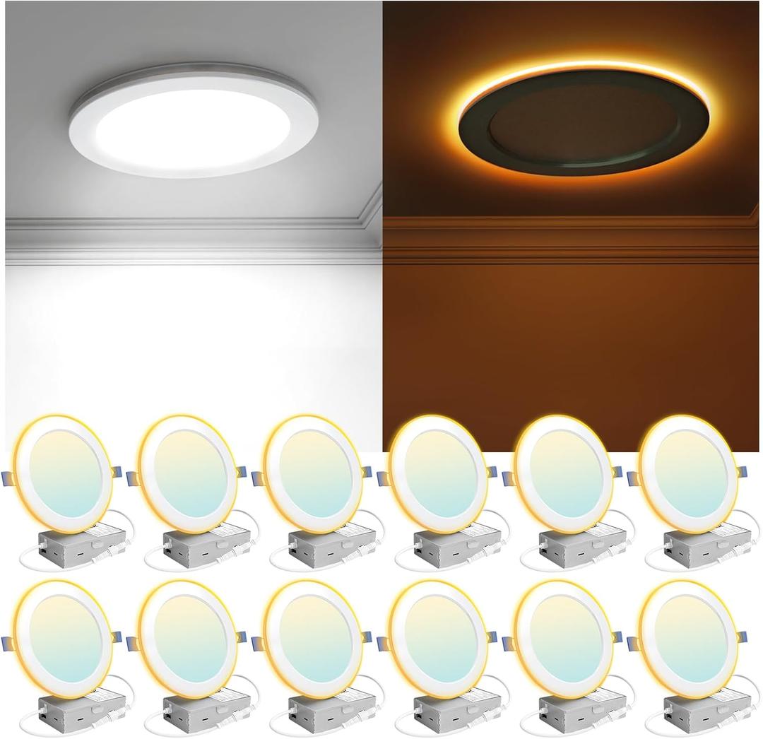 12 Pack 6 Inch LED Recessed Light with Night Light, 2700K/3000K/3500K/4000K/5000K 5CCT Ceiling Light, 1050LM 12W 120V, Dimmable Canless Wafer Downlight ETL&FCC, Energy Saving Star