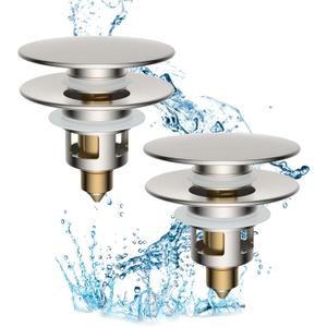 Hibbent 2 Pack All Metal Upgraded Bathroom Sink Stopper, Universal Pop Up Sink Drain Strainer, Brass Bullet Core Push Type Stopper for 1.1''~2.3''' Basin, Anti Clogging Drain Filter, Brushed Nickel