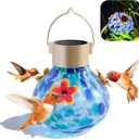 Hummingbird Feeder with Solar Light, Outdoor Glass Hummingbird Feeder, Auto-Lighting Solar Lamp for Garden Decor, 3 Feeding Ports Attract More Birds, Waterproof Design, Ideal Gift (Blue)