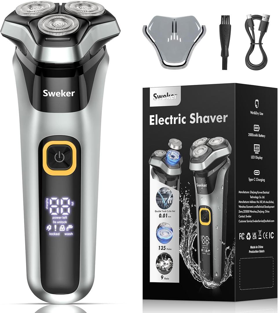 Electric Razor for Men, Rechargeable Electric Shaver with Pop-up Trimmer for Sideburns Trimmer, Wet Dry Cordless Electric Shaver, Travel Lock, IPX6 Waterproof (Black)