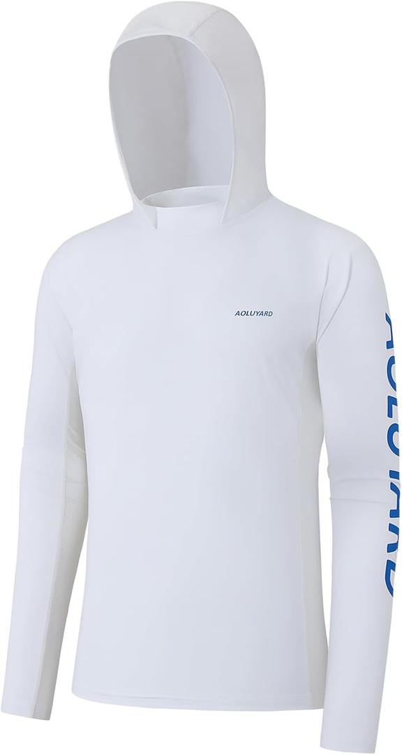 Mens Sun Hoodie Fishing Shirts UPF 50+ UV Protection Long Sleeve Rash Guard Lightweight SPF Swim Running Quick Dry (White, L)