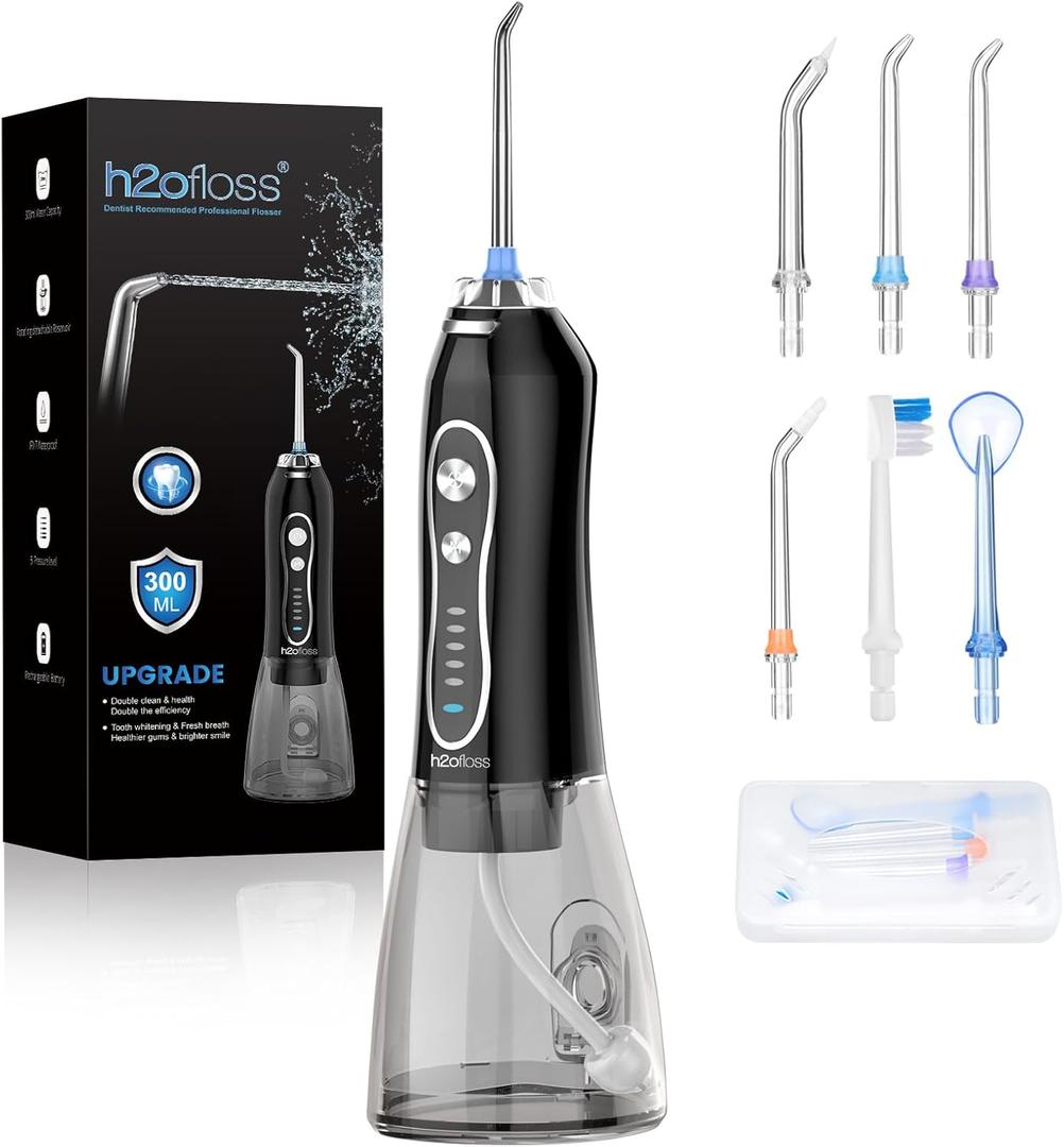 H2ofloss Water Dental Flosser Teeth Pick -Portable Oral Irrigator with 5 Modes, Rechargeable IPX7 Waterproof Orthodontic Teeth Cleaner Pick Cordless for Home Travel-300ml Water Tank (Black)