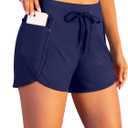 Pinup Fashion Swim Shorts for Women Beach Trunks Swimwear Tankini Boy Shorts Bottom Boardshort with Liner (Medium, Navy Blue-1)