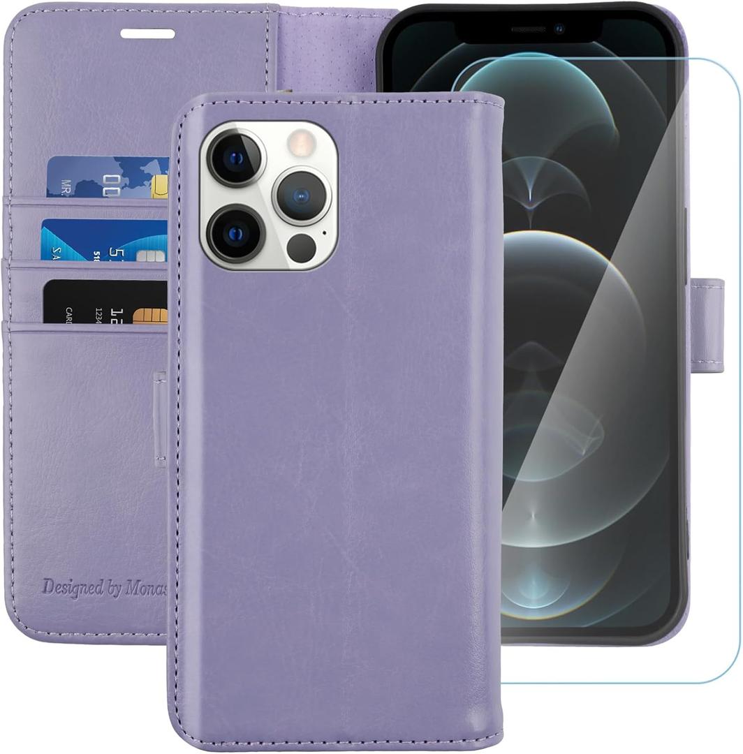 MONASAY Wallet Case Compatible for iPhone 11 Pro, 5.8-inch, [Glass Screen Protector Included] [RFID Blocking] Flip Folio Leather Cell Phone Cover with Credit Card Holder, Lavenders