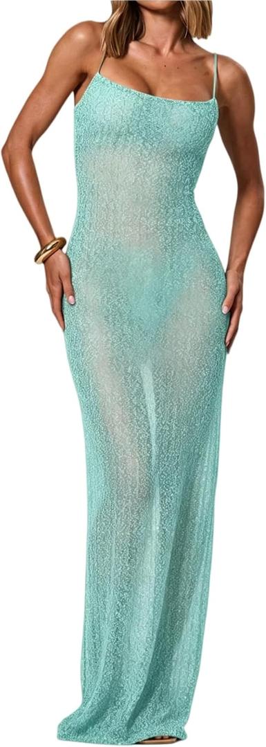 OYOANGLE Women's Spaghetti Strap Sparkly Sequin Cami Dress Sleeveless Fishtail Long Dresses Blue X-Small