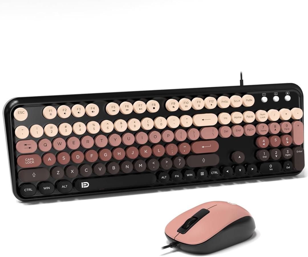 FOPETT 8870P Wired Keyboard and Mouse Combo - Full-Sized Computer Keyboards with 104 Round Keys Retro Typewriter Mouse and Keyboard for PC Windows Desktop Laptop - Black-Berry Colorful
