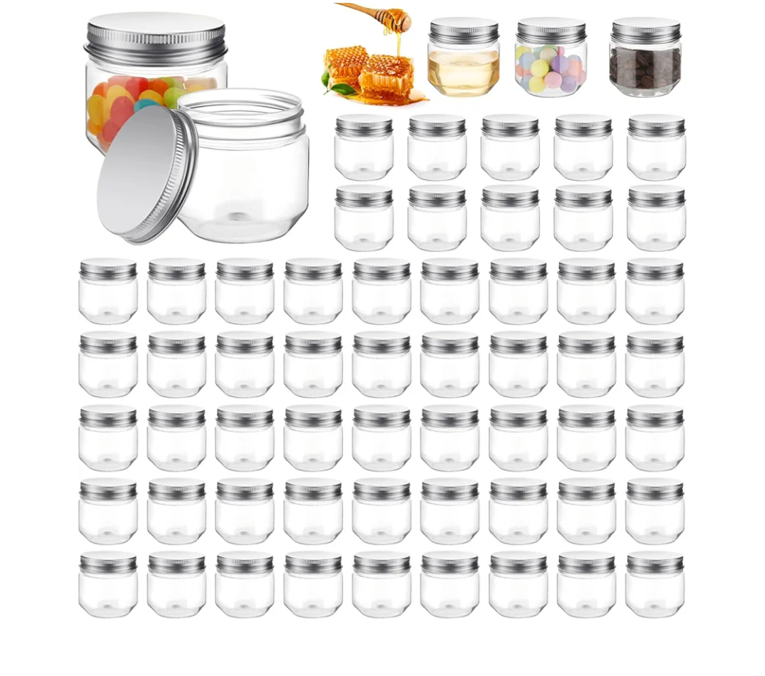 Tanlade 60 Pcs 3 oz Clear Plastic Jars with Lids Wide Mouth Mason Jars Mini Storage Containers Bulk for Herb Jelly Wedding Valentine Favors Shower Party Favors(Silver)