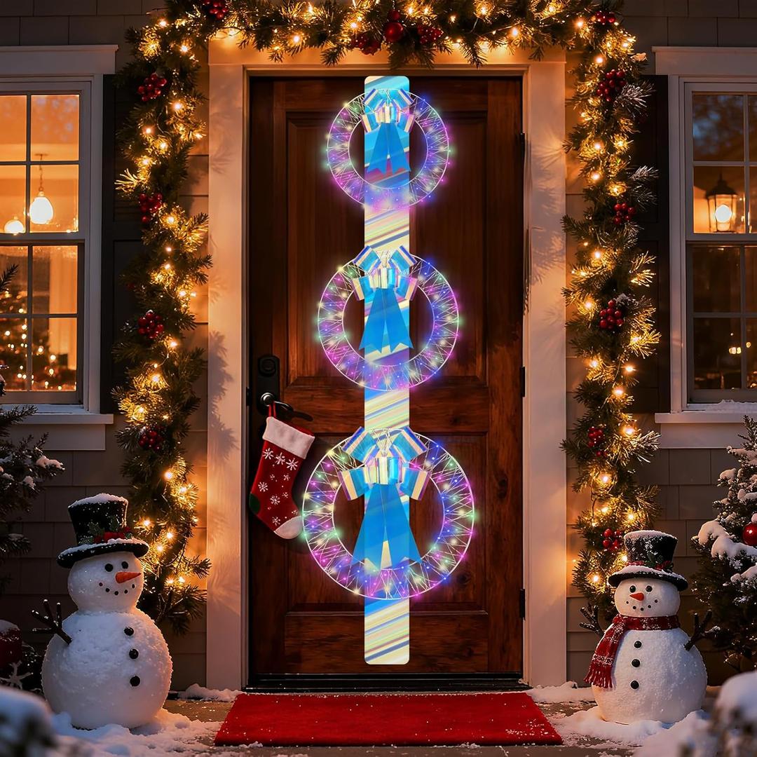 Christmas Wreaths for Front Door with Lights, 300 LED Laser Chromatic Christmas Door Decorations, Waterproof, Energy-Saving & Easy Install, Indoor/Outdoor Lighted Xmas Wreath for Holiday Decor (White)