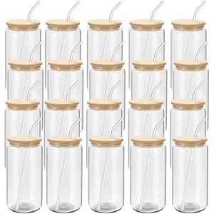 20 Pack Glass Cups with Bamboo Lids and Glass Straw 16oz Beer Can Shaped Drinking Glasses Cups, Glass Tumbler Reusable Cute Cups for Whiskey, Iced Coffee, Tea, Soda, Cocktail, Gift, Clear