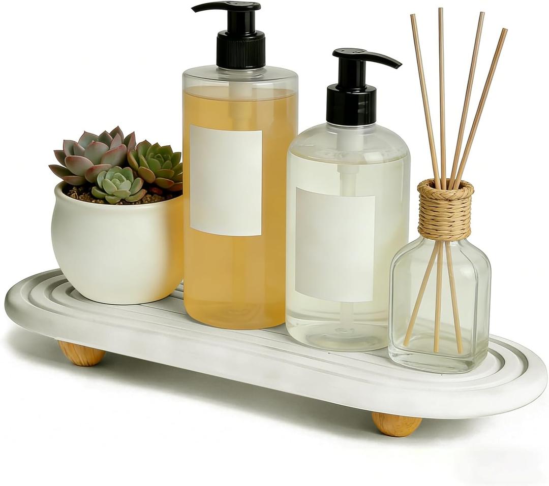 Instant Dry Sink Tray, Anti-Slip Stone Sink Caddy, Durable Kitchen Sink Organizer, Quick Dry Water Absorbing Stone Tray for Bathroom Counter, Stone Soap Tray -White (White Wooden Foot 4circles Large)