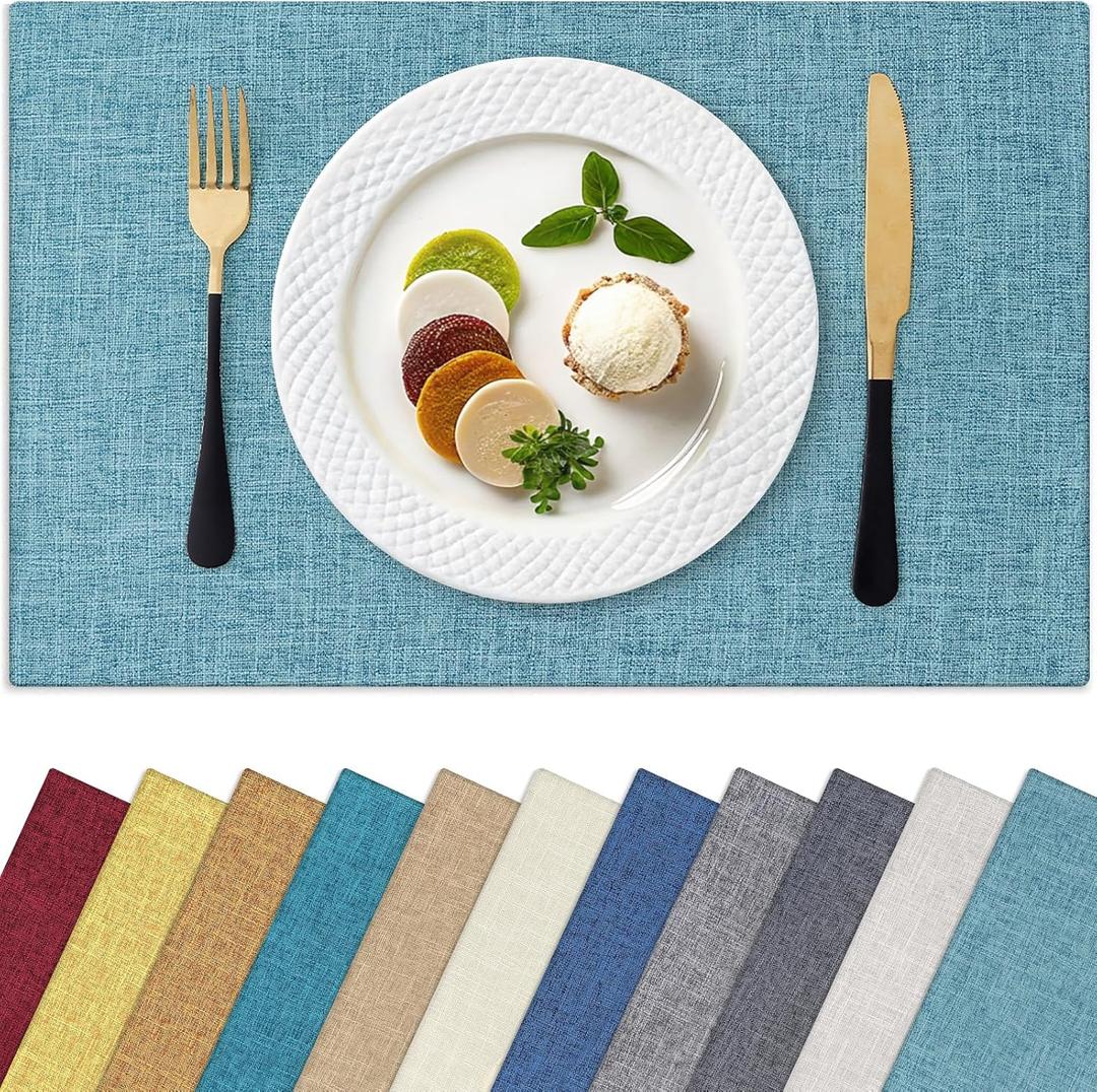 Homaxy Cloths Placemats for Dining Table Set of 6, Heat Resistant Washable Cotton Linen Blend Table Mats, Easy to Clean Place Mats for Indoor Outdoor Party Kitchen Decoration, 13" x 19", Aqua (Placemats Set of 6)