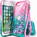 NGB Designed for iPhone SE (3rd 2022 & 2nd Gen 2020)/iPhone 8/7/6/6S Case, Pink/Aqua | Glitter Liquid Cute Cover for Women Girls Kids | with Tempered Glass Screen Protector & Ring Holder-Wrist Strap