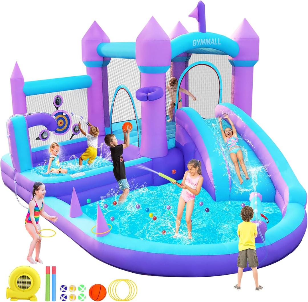 Water Bounce House for Kids 3-10, Purple Large Inflatable Bouncy Castle with Water Slide 550W Air Blower Jumping Space Ball Pit Swim Pool Basketball, Bouncy House for Party Birthday Event Gift