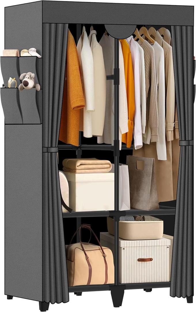 Wardrobe Closet, Quick and Easy Assembly, Gray Portable Closet with 2 Hanging Rods 4 Storage Shelves and Side 8 Pockets, Sturdy and Stable Clothes Rack with Cover, for Bedroom and Dormitory (Grey)