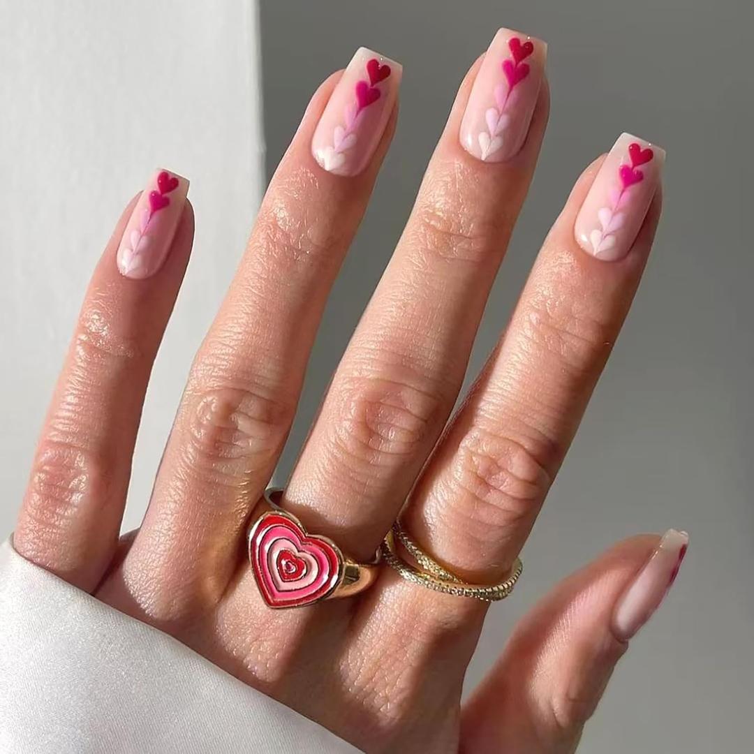 Valentines Press on Nails Medium Coffin SWEKKE Nude Fake Nails False Nails with Designs Pink Gradient Heart Glossy Glue on Nails Valentine's Day Acrylic Nails for Women Girls 24 Pcs