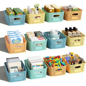 Plastic Storage Basket for Organizing 12 Pack Small Colored Storage Bins Container for Shelves, Colorful Shelf Baskets with Handles for Organization