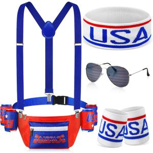 Sweetude America Flag USA 4th of July Fanny Pack Patriotic Beverage Beer Belt Costume Set Outfit Accessories with Drink Holder Sunglasses Striped Sweatband