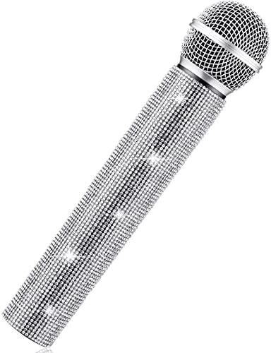 Sanwuta Fake Microphone Prop Sparkly Bling Rhinestones Plastic Play Microphone Pretend Glitter Bedazzled Mic for Cosplay Party Costume(Silver)