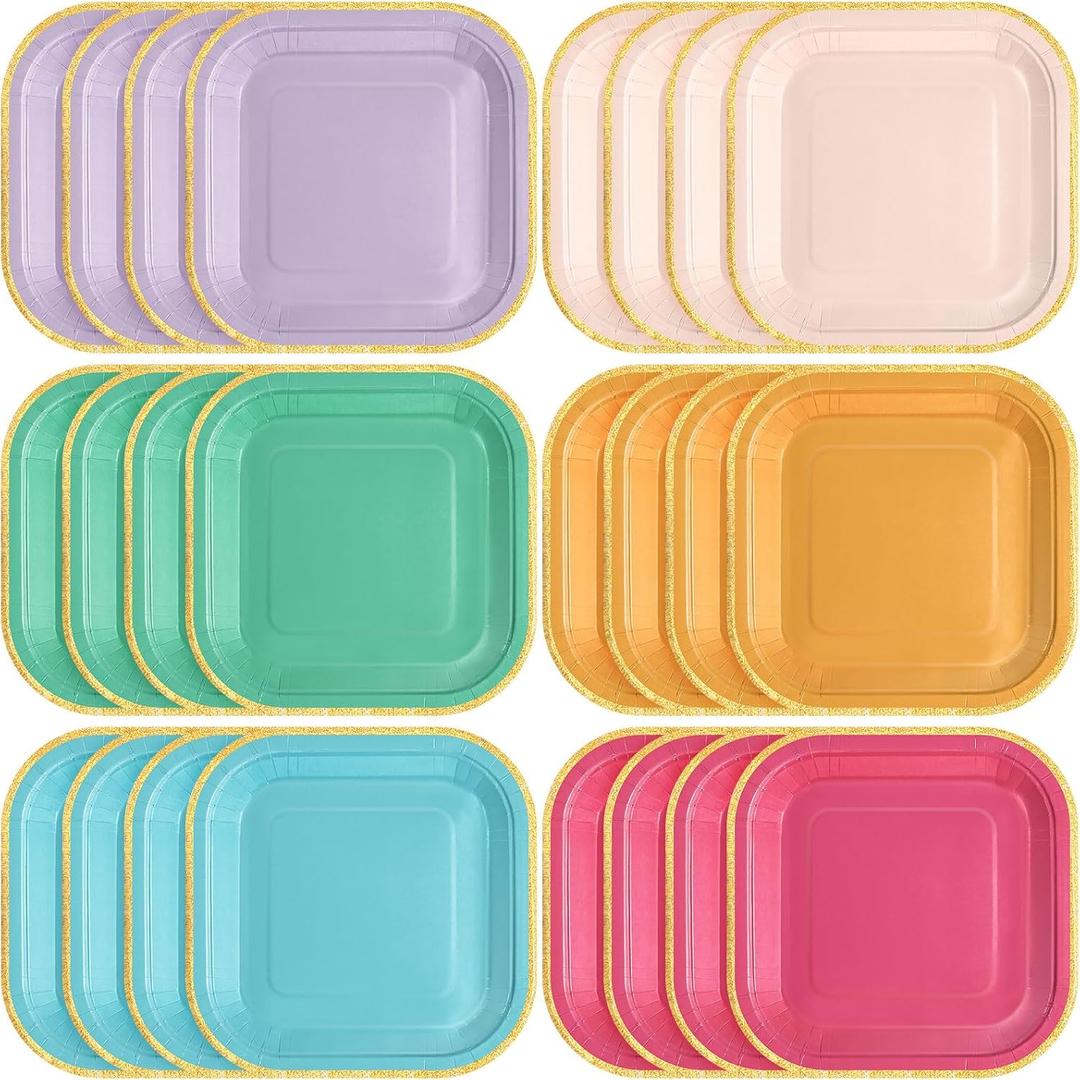 60 Pcs Colorful Paper Plates 7 Inch Rainbow Candy Color Disposable Square Dessert Party Plates with Gold Edge for Birthday Wedding Bridal Baby Shower Party Supplies, 6 Colors