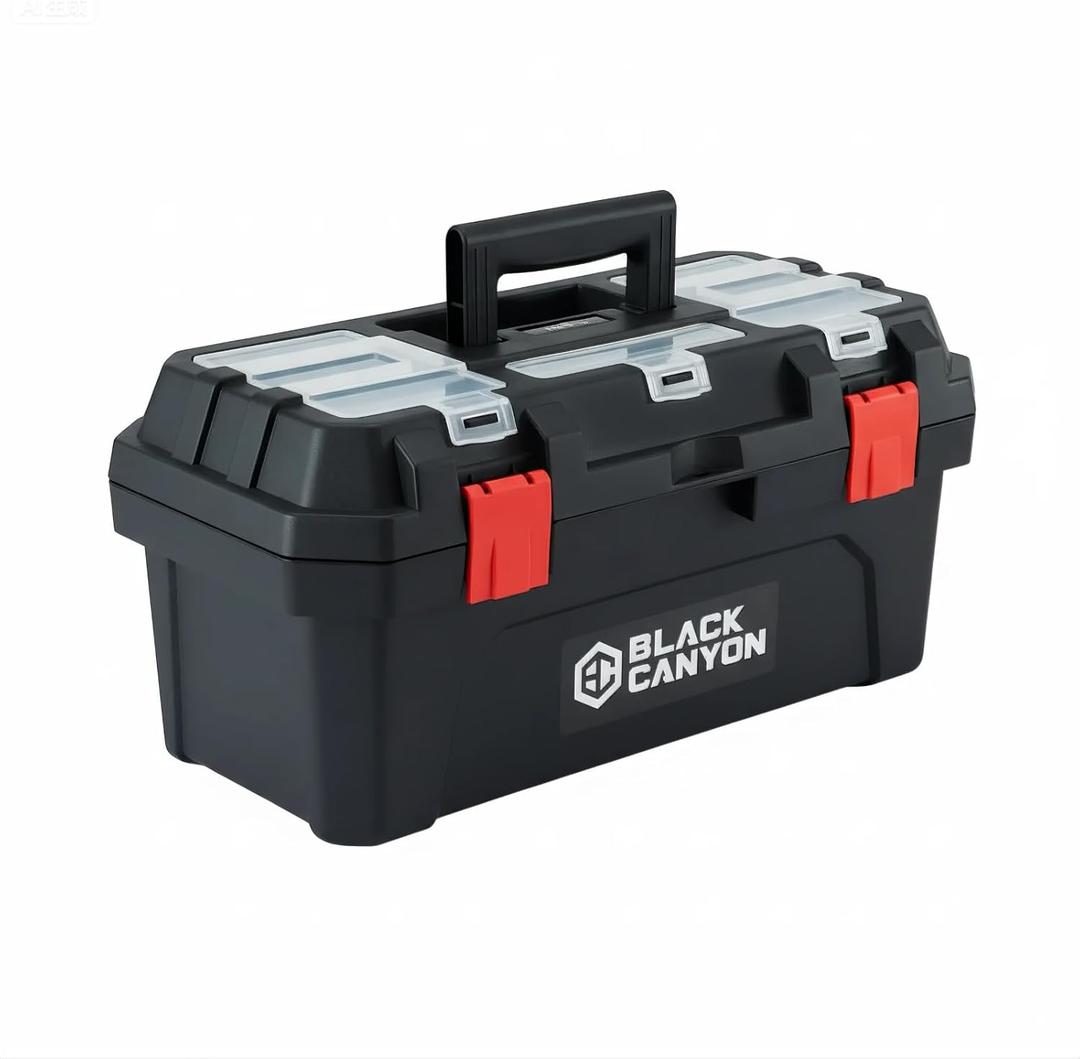 Black Canyon 17 Inch Plastic Tool Box, Support up to 44 lbs, w/Handle, Polypropylene, Dual-Layer Design, Flexible for Stacking, Top-Lid Storage, Ideal for DIY, Workshop, Job Site Organization