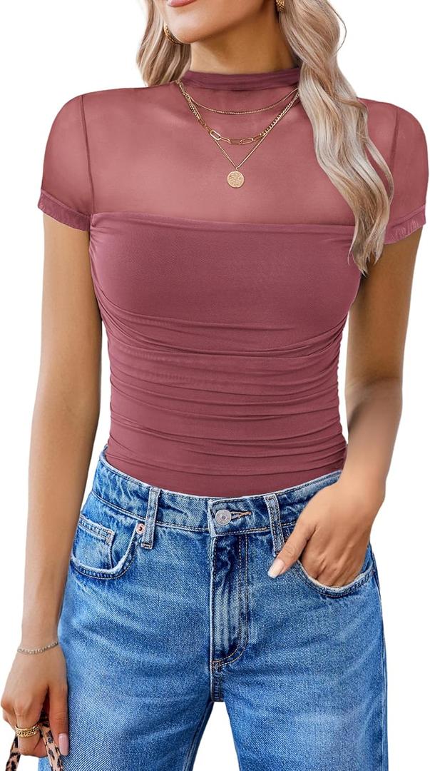 Avidlove Women's Short Sleeve Bodysuit Turtle Neck Body Suits Mesh One Piece Leotard Going Out Tops Date Outfits (Large, Purple Red)