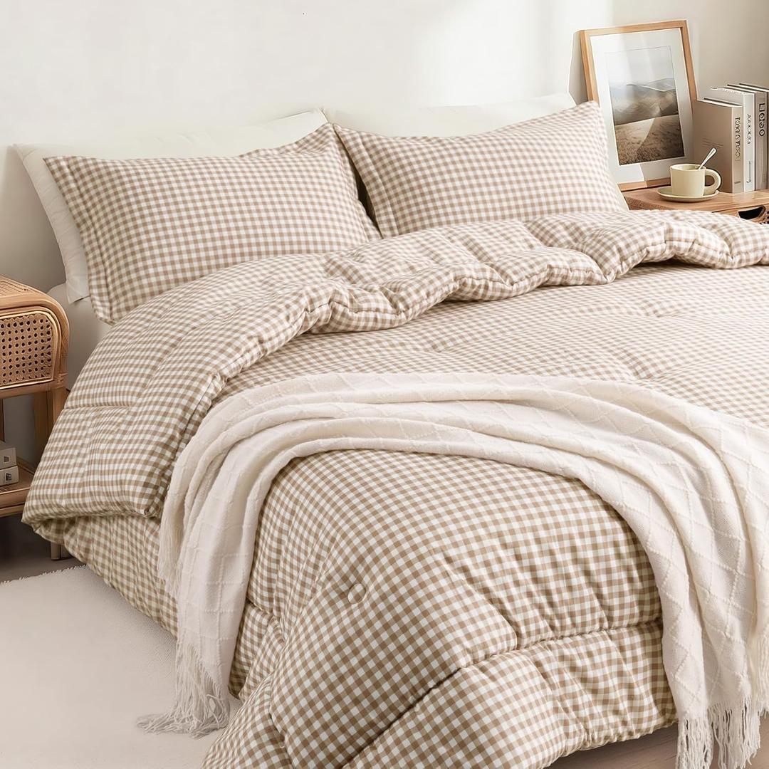 Queen Comforter Set, Modern Plaid Checkered Bedding, Tan Gingham Brown Grid Bed Comforter, Soft Fluffy Breathable Farmhouse Dorm Bedding, All Seasons 3 Piece Set | Gingham, Tan Gingham, Queen(90"x90")