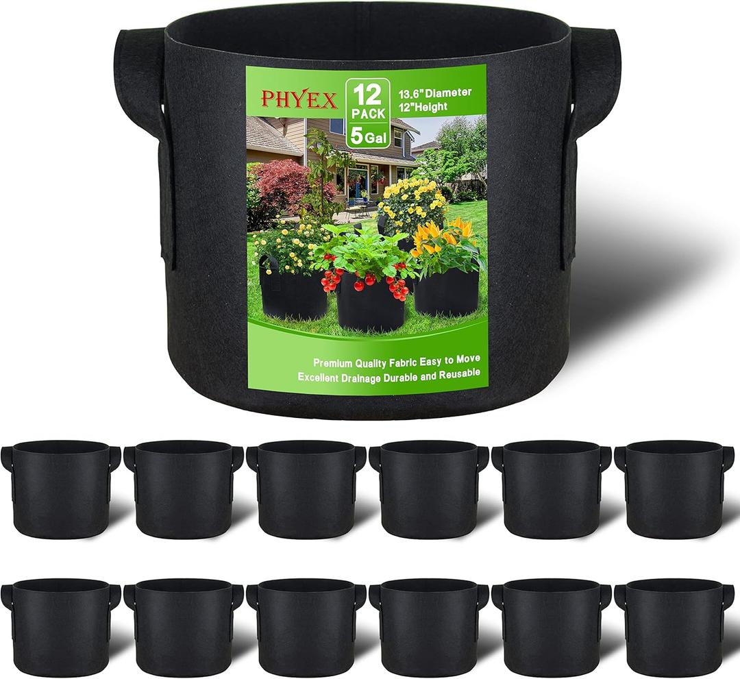 PHYEX 12-Pack 5 Gallon Grow Bags, Heavy Duty Fabric Pots with Handles, Reusable Plant Bags for Vegetable, Herbs & Flowers, BPA-Free, Breathable, Durable