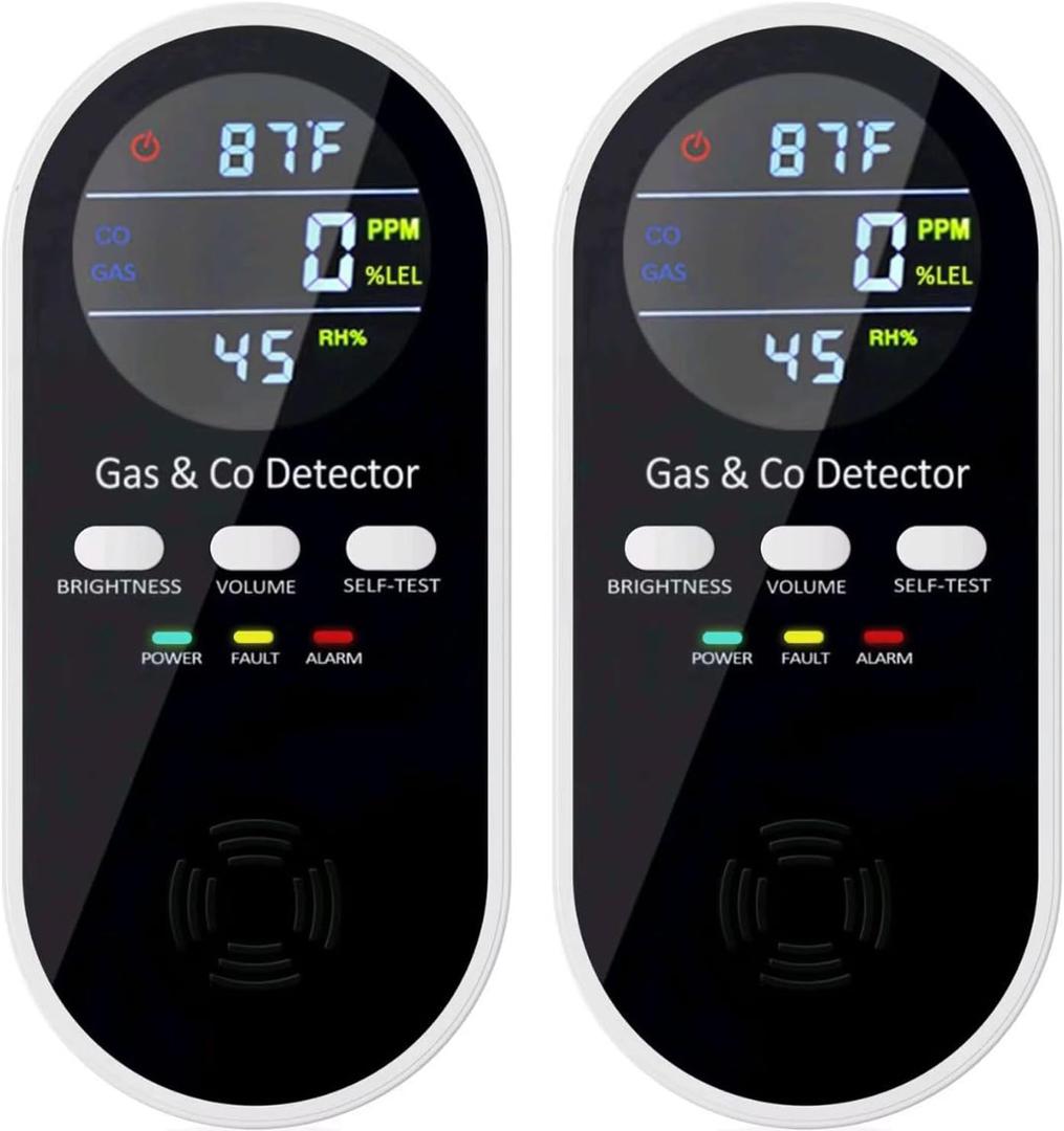 5-in-1 Upgraded Gas & Carbon Monoxide Detectors Plug in, Combination Natural Gas Detector and Carbon Monoxide Detector with , Humidity and Sound, Brightness Control, Holds 9V Battery (not Included)