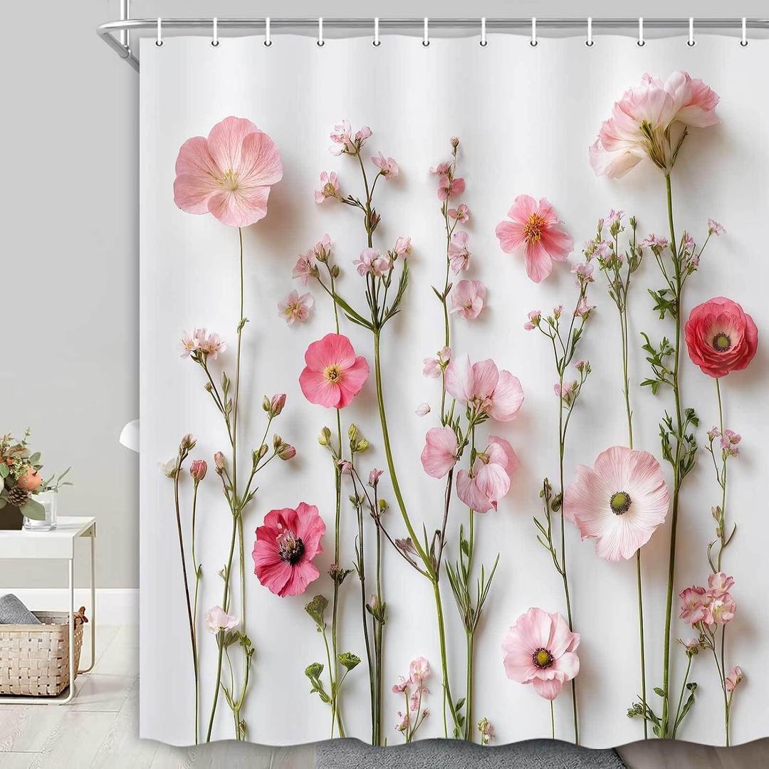 Floral Shower Curtain Pink Flower Boho Fabric Cloth Botanical Wildflower Natural Spring Flowers Bathroom Decor Blossom Polyester Fabric Waterproof Bath Curtain 71X71inch.