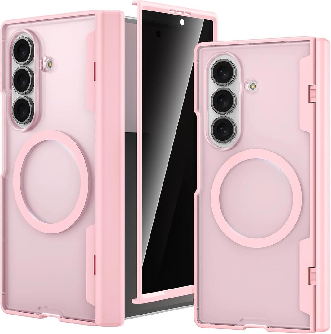 Ruky for Z Fold 7 Case, [Compatible with MagSafe] with Built-in Privacy Screen Protector & Hinge Protection, Protective Translucent Hard Magnetic Magnet Phone Case for Samsung Galaxy Z Fold 7, Pink