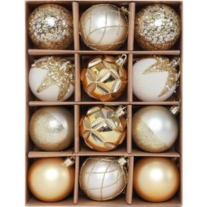 Christmas Tree Ornaments Decorations Set-12ct 3.14 Inch White Gold Velvet Ornaments for Christmas Tree Shatterproof Hanging Ball Ornament Bulk,Xmas Tree Tabletop Decorations for Holiday Decor