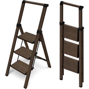 HillhutApex 3 Step Foldable Aluminum Step Ladder with Handgrip, Anti-Slip Pedal, 330lbs Capacity, Lightweight & Portable for Home, Kitchen, Office, Garage (Walnut)
