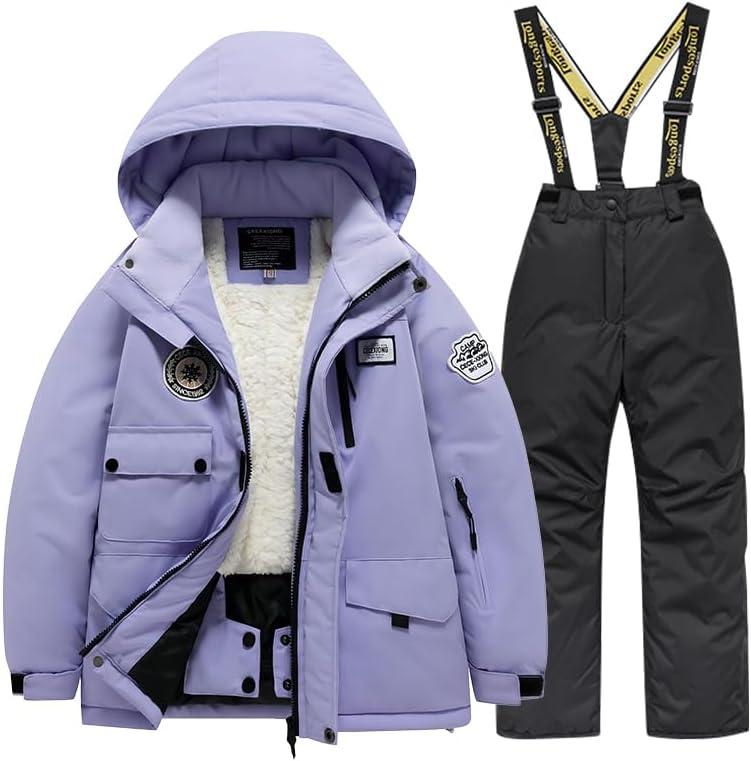 Winter Kids 2 Piece Ski Suit Boys/Girls Thicken Warm Hooded Jacket and Ski Pants Snowsuit Snowboarding Clothes (6, Purpleblack)